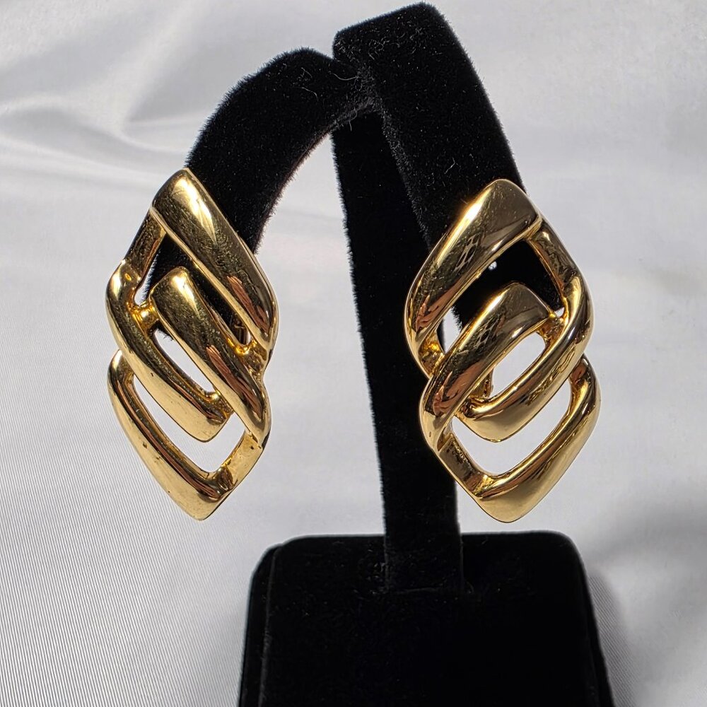 Vintage Signed Napier Screw-Back Earrings Gold Tone Double Diamonds